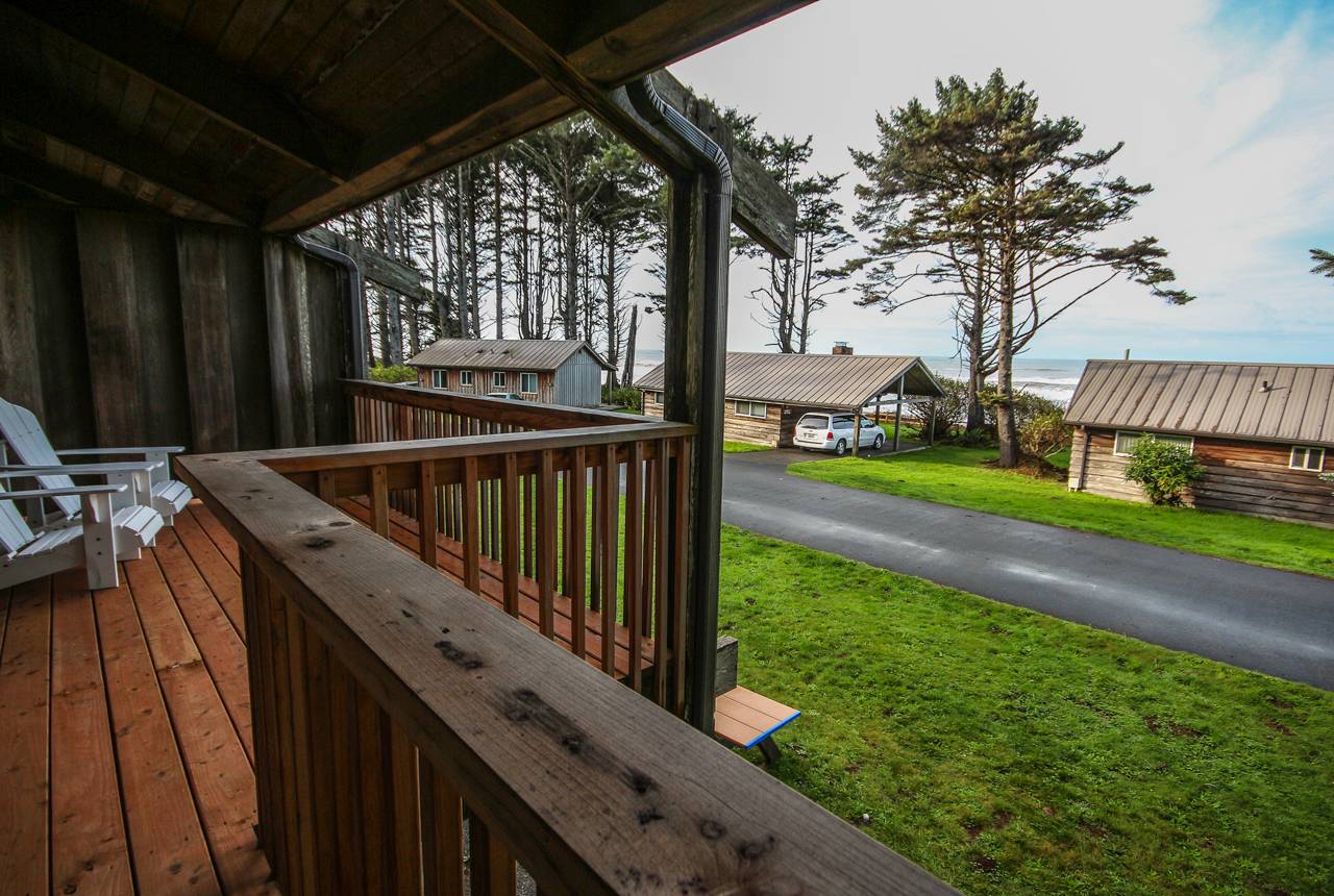 Seacrest House balcony-views look out past Kalaloch Cabins to the ocean.