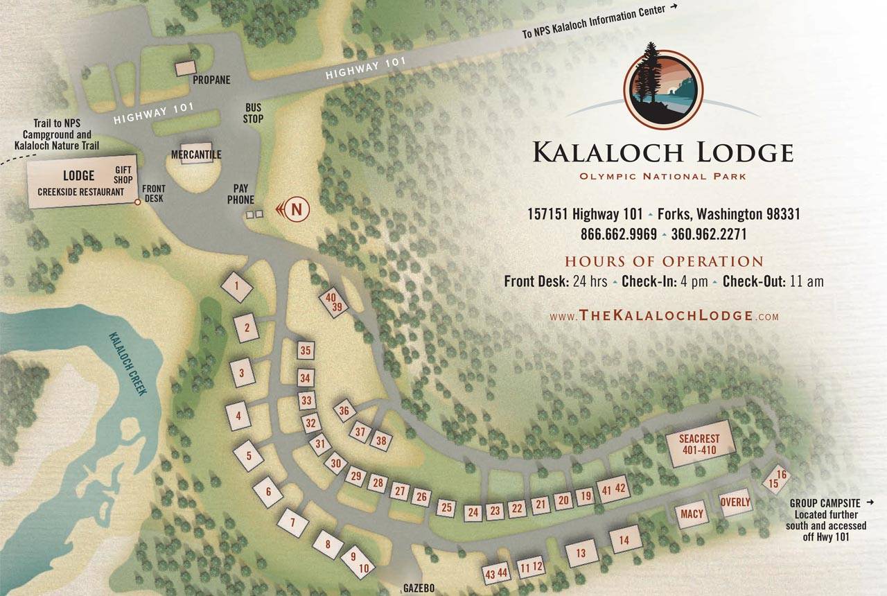 View the Kalaloch Lodge site map to see where the lodge, cabins, Seacrest House and Mercantile are located on property.