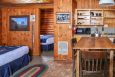 Kalaloch Cabin interior with beds, a dining table, a small kitchen, and wooden walls.