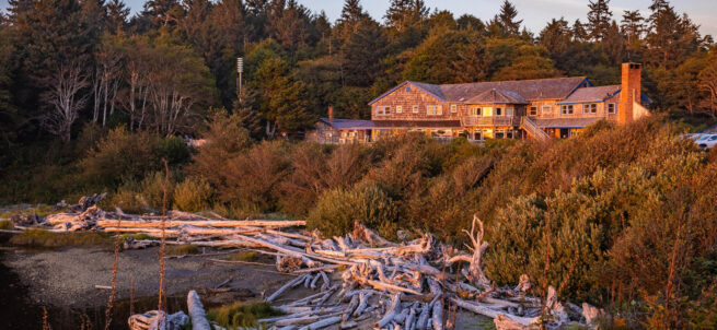 Kalaloch Lodge lodge surrounded by trees with driftwood scattered along a nearby shoreline at sunset.