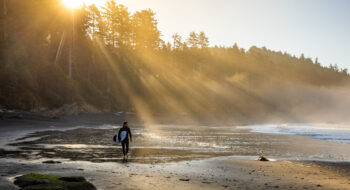 A surfer walks on a misty beach at sunrise in Olympic National Park.