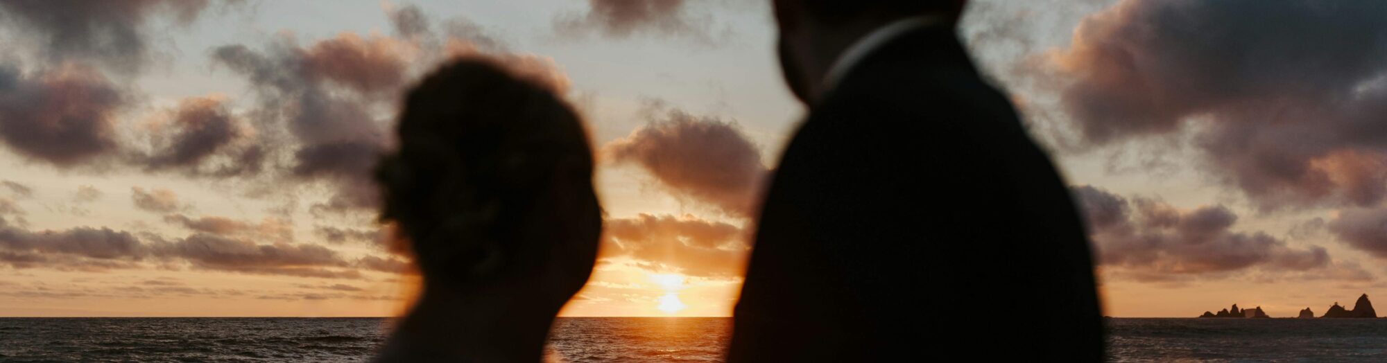 A couple stands on Olympic Peninsula at sunset, silhouetted against the colorful sky and ocean.