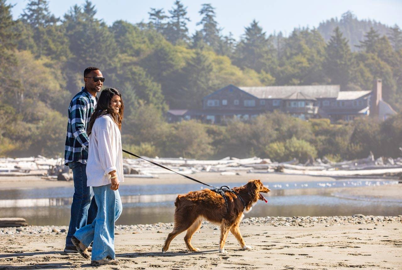 A couple walking their dog on the beach at Kalaloch Lodge