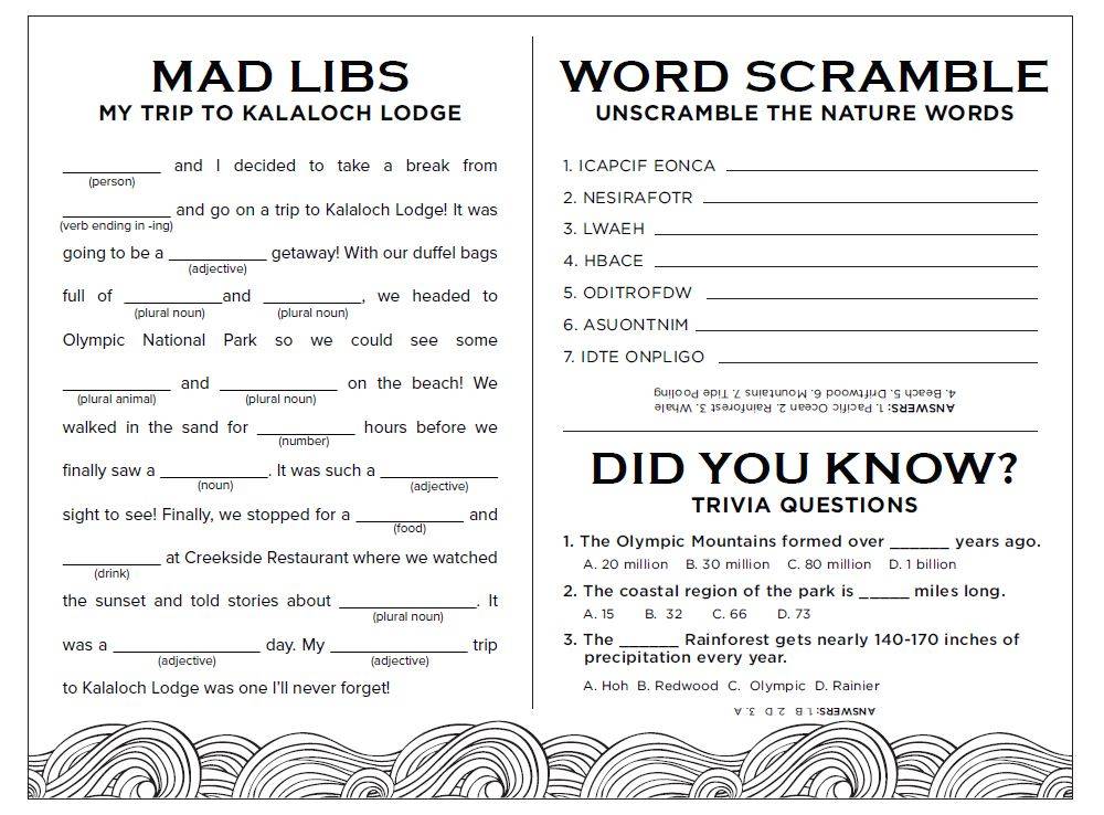 kalaloch kids activity page with word scramble trivia and mad libs