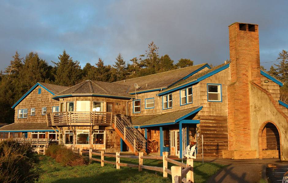 Kalaloch Lodge in Olympic National Park glows with the golden light of sunset.